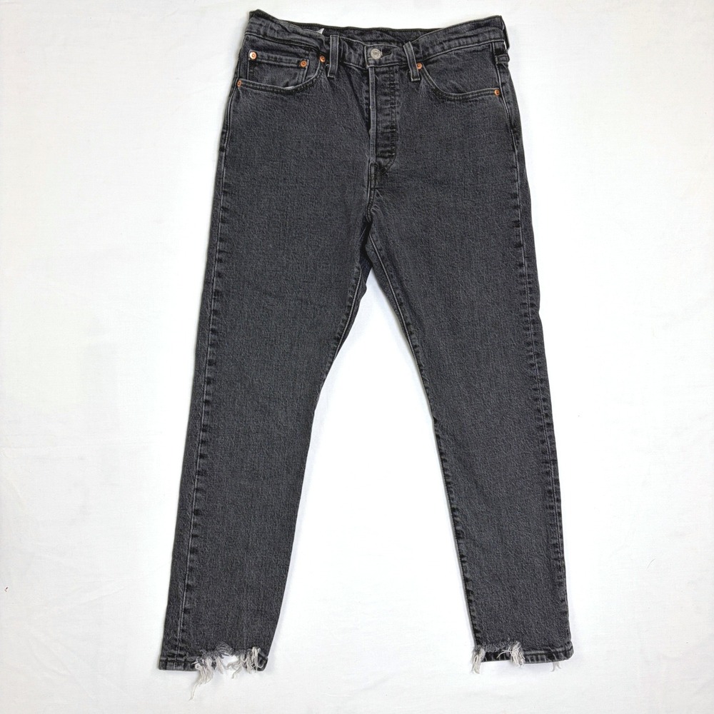 Levis 501 Straight Jeans Womens 28 Washed Black Charcoal Raw Hem